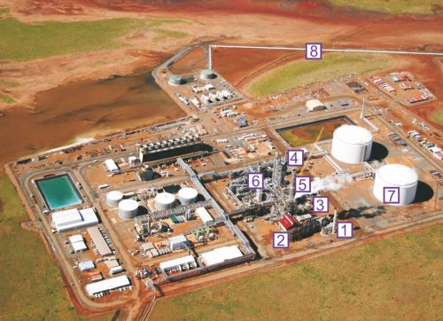 An aerial photo of an ammonia plant in Western Australia.  It shows the lay out including the primary reformer and the ammonia converter.  It is close to the sea and so there is a pipeline for the ammonia to the docks. 